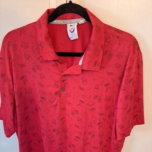 Men's Puma Volition America Red Polo Shirt L Golf Clubs Flags Bicycles Print